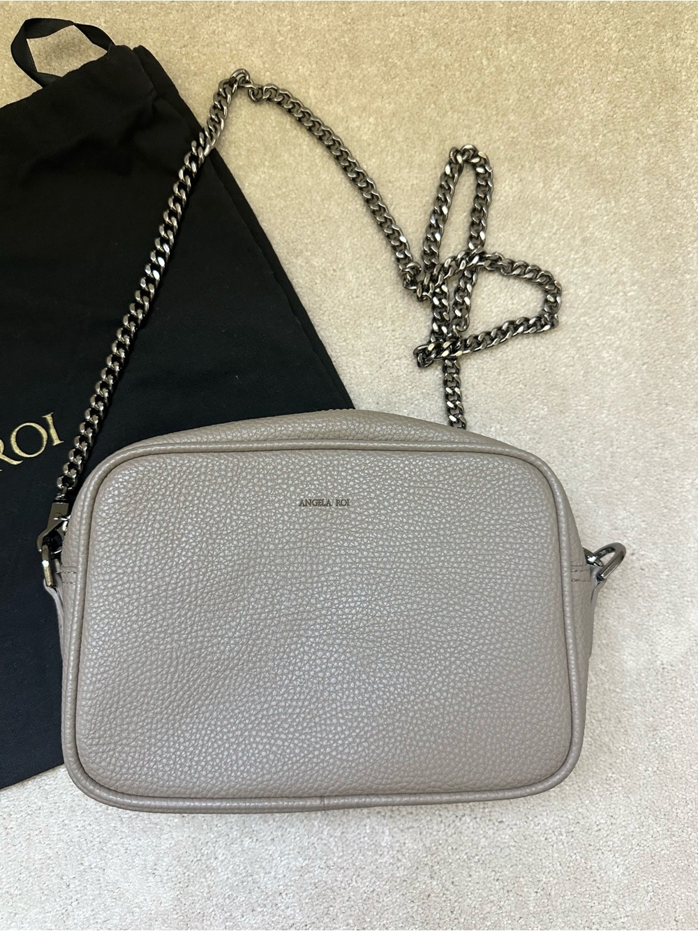 Angela Roi Taupe Leather Crossbody Bag with Chain Strap